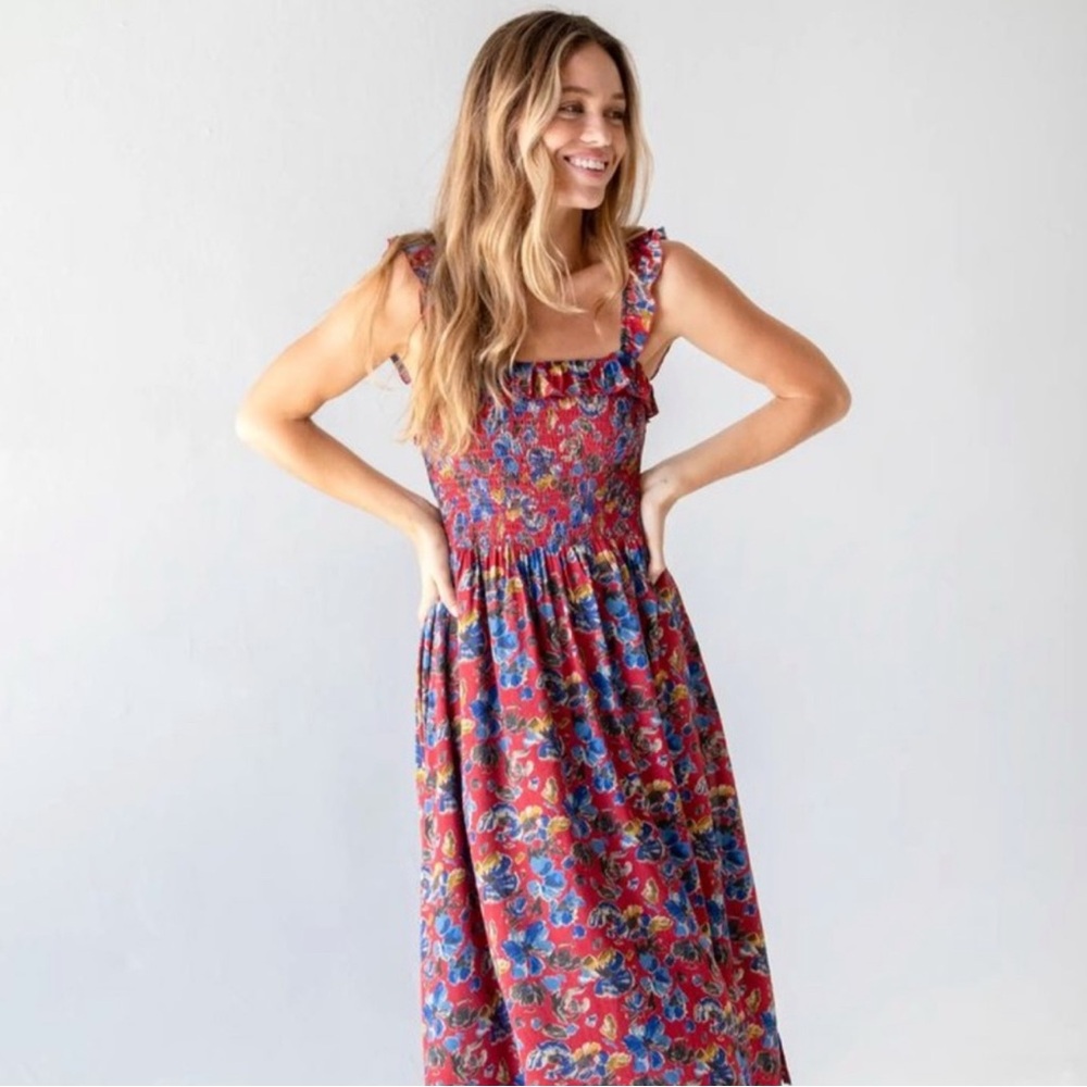 Natural Life Large Megan Smocked Midi Dress - Red Blue Floral EUC